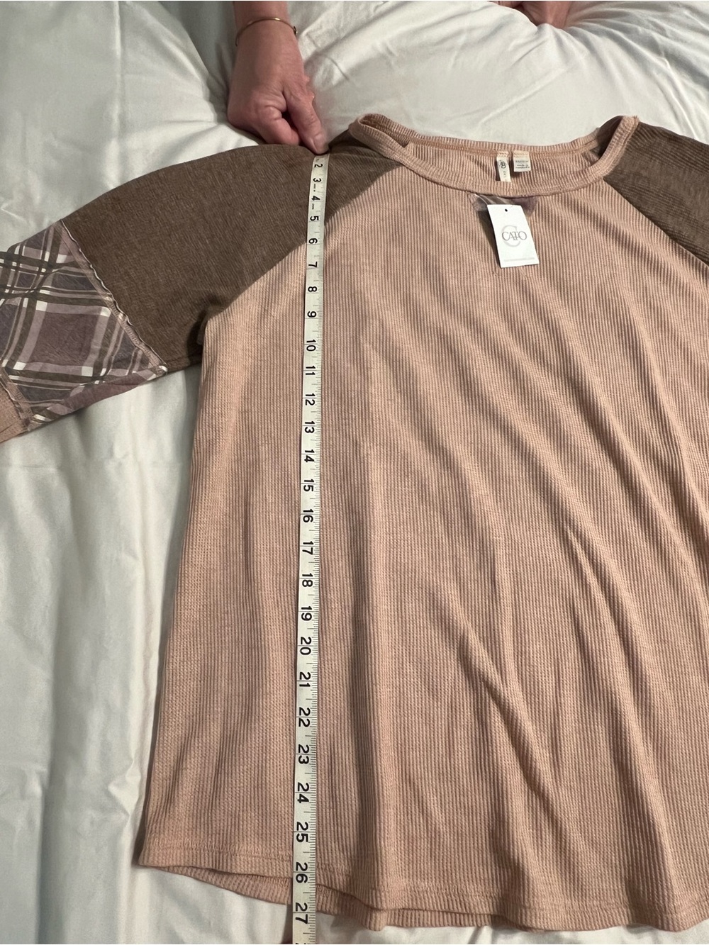 Cato Pink and Brown Raglan Pullover with Plaid Elbow Patches - Picture 3 of 6